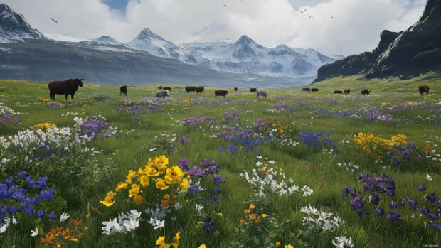 4K Desktop Wallpaper with a tranquil mountain meadow dotted with grazing animals and vibrant wildflowers.