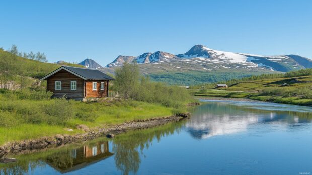 4K Desktop Wallpaper with a tranquil mountain setting with a wooden cabin by a calm river reflecting the nearby peaks.