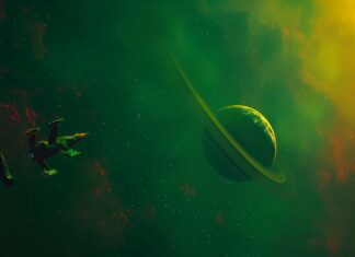 4K Resolution Background of a space station orbiting a ringed planet with a distant nebula in the background.