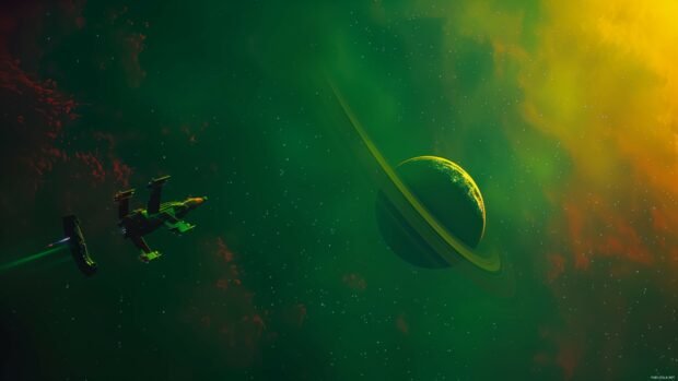 4K Resolution Background of a space station orbiting a ringed planet with a distant nebula in the background.