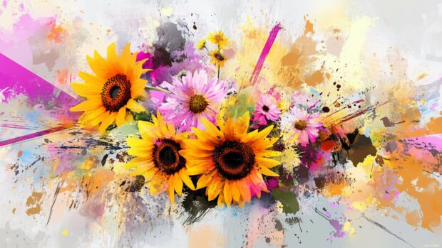 4K Resolution Background  with an abstract watercolor composition featuring vivid sunflowers and daisies, with bold brushstrokes and splashes of color.