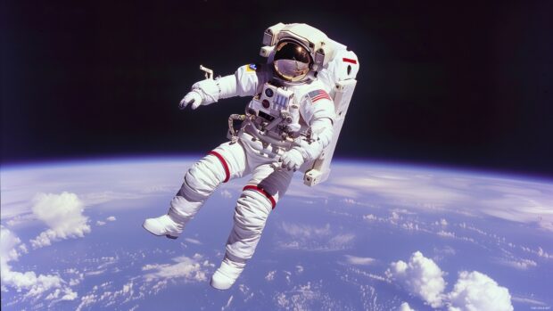 4K Resolution Background  with an astronaut floating in space with Earth in the background, capturing the vastness and serenity of space.