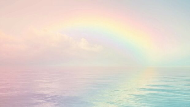 4K Resolution Wallpaper with a dreamy pastel rainbow arching over a serene landscape, with gentle hues of peach, lilac, and soft yellow blending seamlessly into a clear horizon.