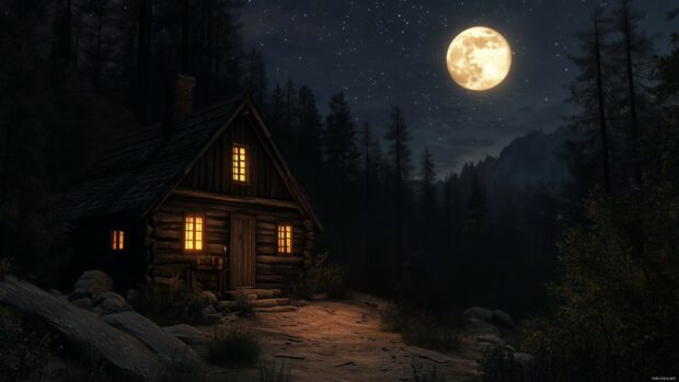 4K Resolution Wallpaper with a small cabin in the woods, gently illuminated by moonlight.