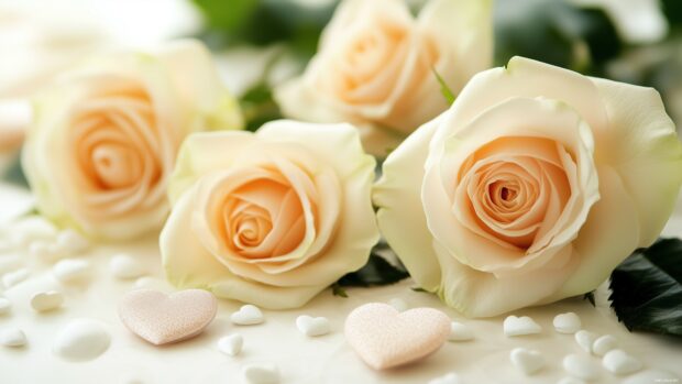 4K Valentine Wallpaper with light pink roses and hearts in a scattered arrangement on a cream background.