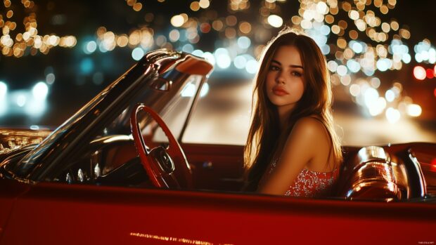 4K Wallpaper with a fashionably dressed girl sitting in the driver seat of a bright red convertible.