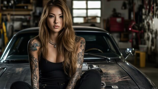 4K Wallpaper woman and cars with tattoos and a relaxed, casual outfit sitting on the hood of a classic car in a garage.