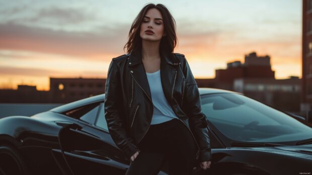 4K Wallpaper women and cars with a stylish girl in a leather jacket leaning against a black sports car on a city rooftop at sunset.