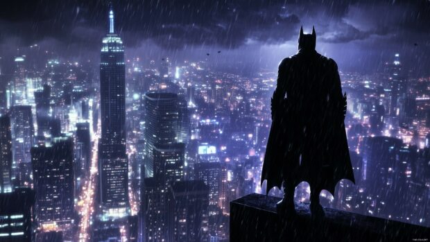 4K desktop wallpaper of Batman standing on a narrow ledge, high above the city, with dark clouds gathering overhead and lights twinkling below.