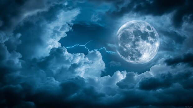 4K desktop wallpaper of a full moon breaking through dark storm clouds.