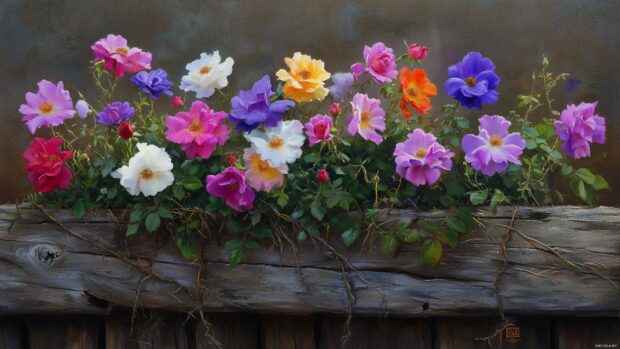 4K desktop wallpaper of wild roses with vibrant colors growing against a rustic fence.