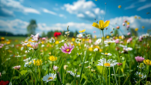 4K desktop wallpaper with a field of blooming wildflowers under a clear blue sky.