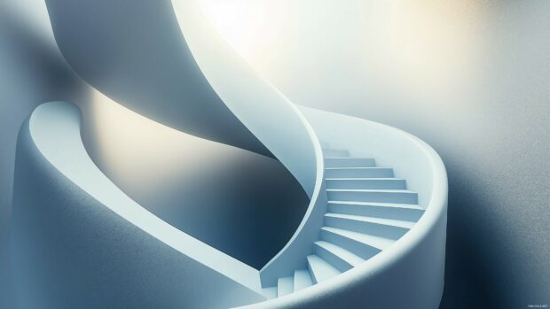 4K desktop wallpaper with a simple 3D spiral staircase design with smooth, flowing lines and gentle curves, rendered in a soft monochrome palette.