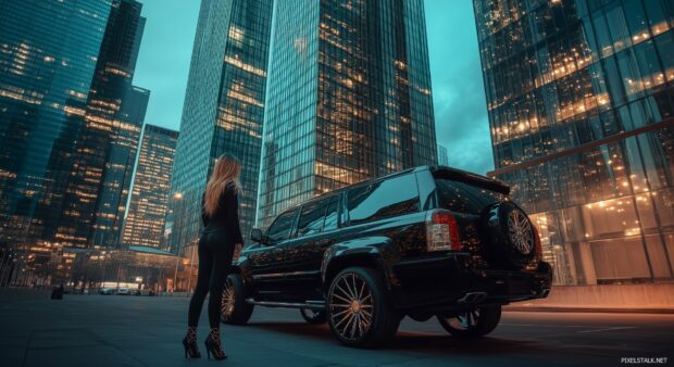 4K wallpaper Women and cars with a stylish woman in chic fashion standing by a luxury SUV in front of a glass skyscraper.