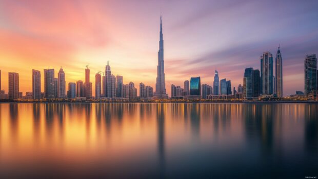 4K wallpaper city skyline with elegant architecture, subtle reflections in the water, and a warm, golden sunset.