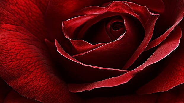 4K wallpaper of a deep red rose with intricate details of its petals.