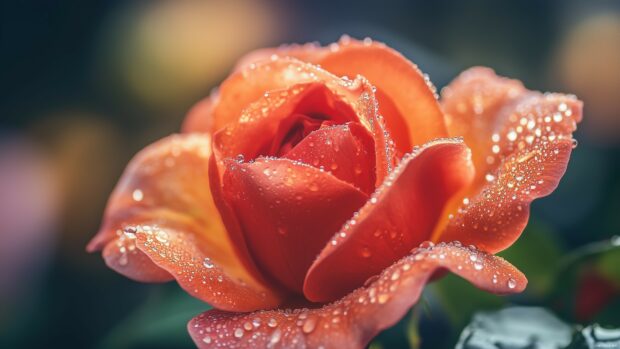 4K wallpaper of a dew kissed red rose, showcasing its intricate petals.