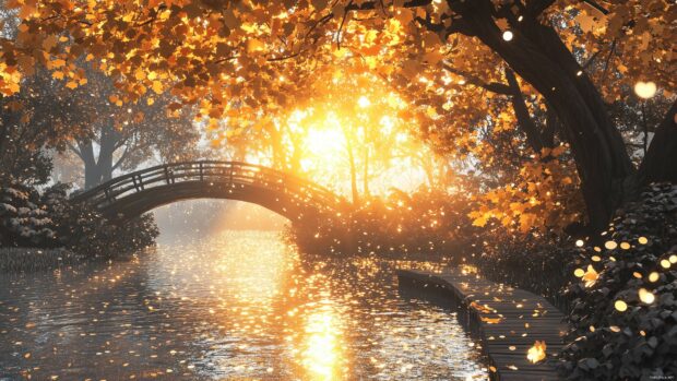 4K wallpaper with a 3D autumn park with golden leaves, a serene pond, and a wooden bridge, with sunlight streaming through the trees.