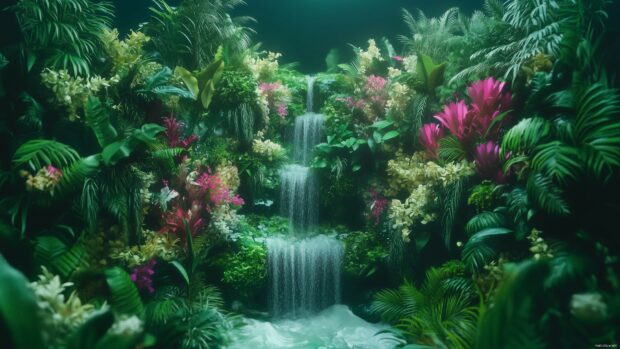 4K wallpaper with a 3D dense rainforest with cascading waterfalls, vibrant wildlife, and misty green foliage.