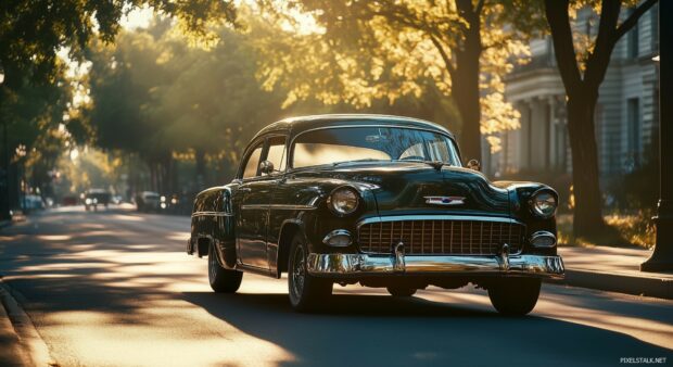 A 1950s Chevrolet Bel Air cruising down a sunlit street, Live Car Wallpaper HD.