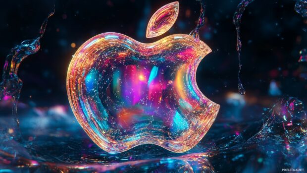 A 3D Apple Logo made of glowing neon tubes, set against a dark backdrop with misty, glowing effects, creating a cyberpunk aesthetic.