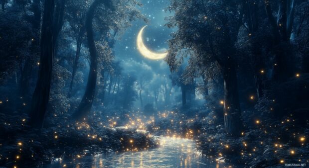 A 3D beautiful night forest illuminated by glowing fireflies, a crescent moon, and sparkling streams.