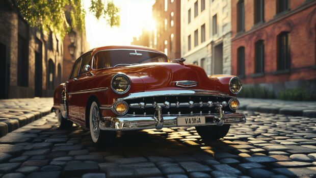 A 3D classic car parked on a cobblestone street, surrounded by vintage architecture.