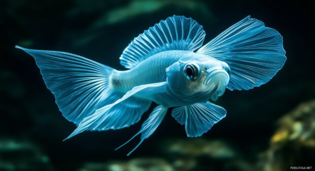 A 3D close up of a glowing fish with translucent fins.