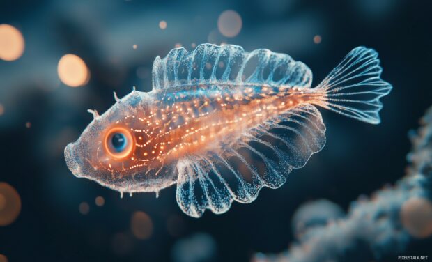 A 3D close up of a glowing fish with translucent fins, swimming in a calm underwater environment, with soft shadows and light reflecting off its body.