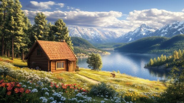 A 3D countryside landscape with rolling hills, wildflowers, and a quaint wooden cottage by a lake, 4K wallpaper.