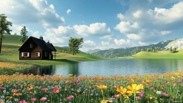 A 3D countryside landscape with rolling hills, wildflowers, and a quaint wooden cottage by a lake.