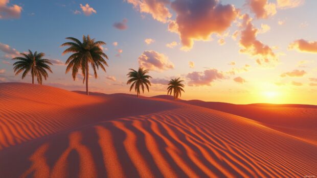 A 3D desert 4K wallpaper with towering sand dunes, a glowing sunset, and a lone oasis with palm trees.