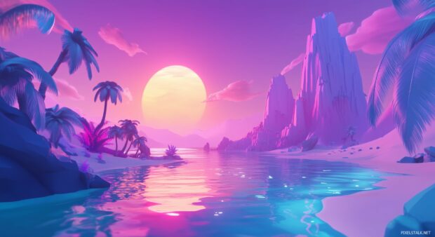 A 3D desert scene with towering sand dunes, a glowing sunset, and a lone oasis with palm trees.