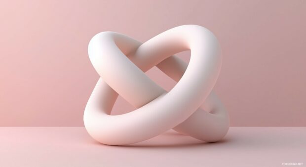 A 3D design featuring smooth, interwoven loops forming an elegant knot, rendered with soft colors and simple lines.