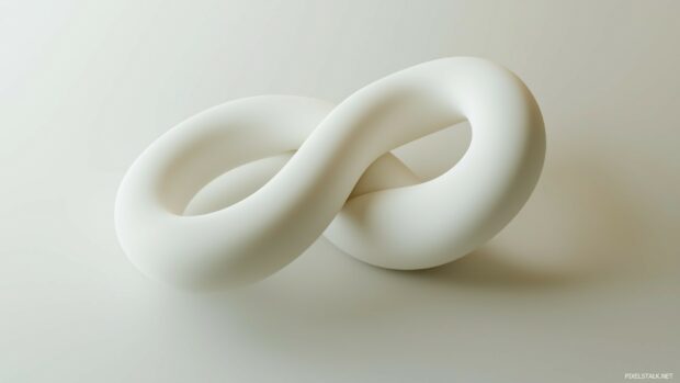 A 3D design featuring smooth, interwoven loops forming an elegant knot, rendered with soft colors and simple lines.