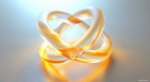 A 3D design featuring smooth, interwoven loops forming an elegant knot, rendered with soft colors and simple lines.