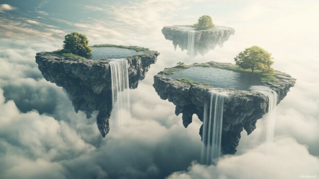 A 3D digital art composition featuring floating islands with waterfalls cascading into the clouds, creating a surreal and dreamlike environment.