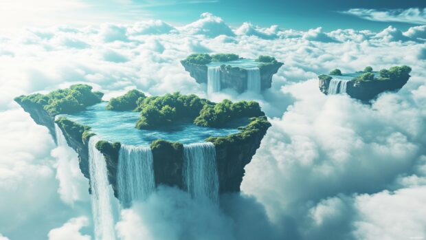 A 3D digital art composition featuring floating islands with waterfalls cascading into the clouds, creating a surreal and dreamlike environment.