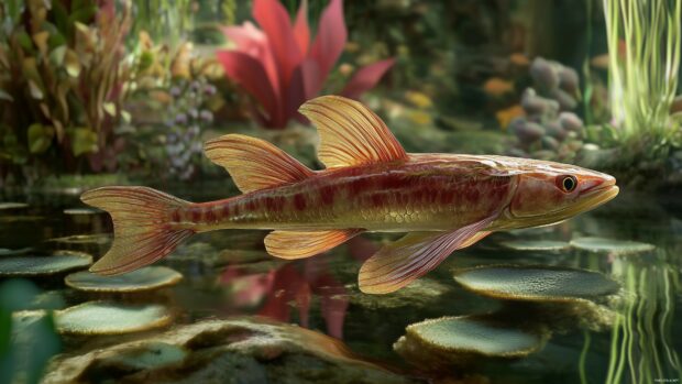 A 3D fish 4K wallpaper with a smooth, streamlined body, gliding through the water, with detailed reflections on its scales, and colorful marine plants in the background.