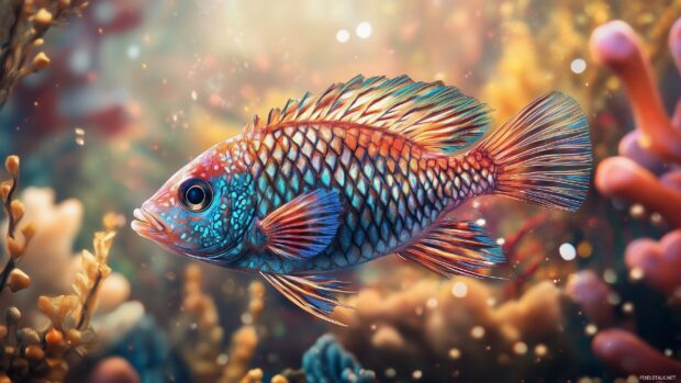 A 3D fish darting through the water, surrounded by vibrant coral and aquatic plants.