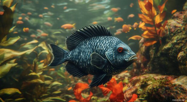 A 3D fish swimming in a vibrant coral reef, its scales reflecting light.