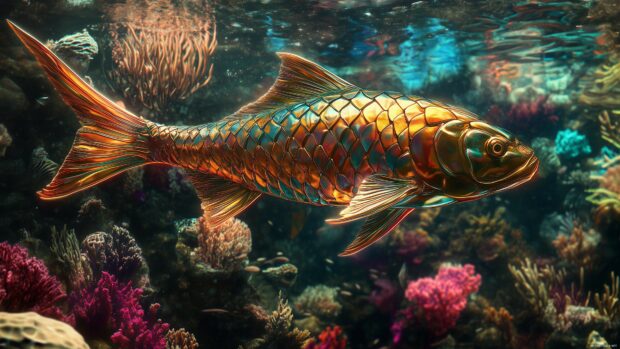 A 3D fish with a smooth, streamlined body, gliding through the water, with detailed reflections on its scales.