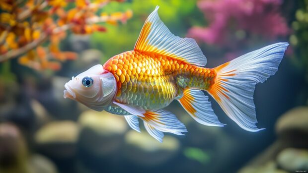 A 3D fish with a smooth, streamlined body, gliding through the water, with detailed reflections on its scales, and colorful marine plants in the background.