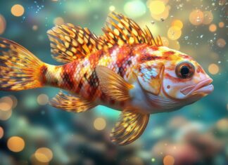 A 3D fish with intricate details, its fins and tail moving as it swims through crystal clear water, surrounded by soft bubbles and underwater light beams.