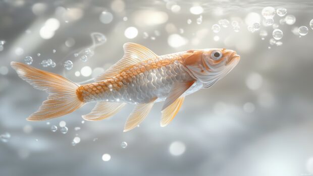 A 3D fish with intricate details, its fins and tail moving as it swims through crystal clear water, surrounded by soft bubbles and underwater light beams.