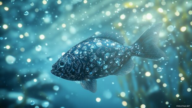 A 3D fish with intricate details, its fins and tail moving as it swims through crystal clear water, surrounded by soft bubbles and underwater light beams.