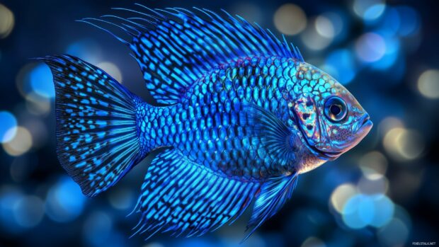 A 3D fish with iridescent scales swimming gracefully through deep blue ocean waters.