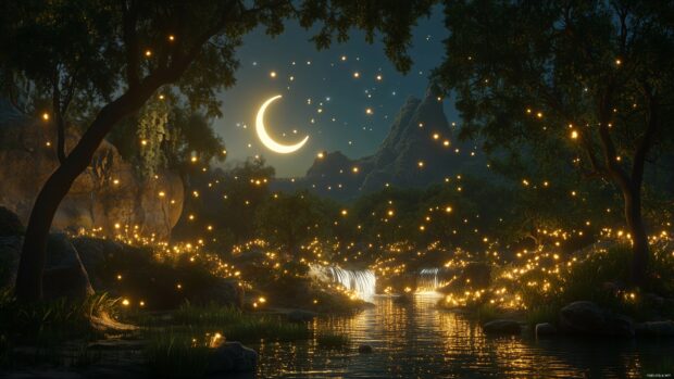 A 3D mystical night forest illuminated by glowing fireflies, a crescent moon, and sparkling streams.