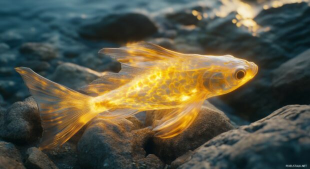 A 3D of a glowing fish with translucent fins, swimming in a calm underwater environment.