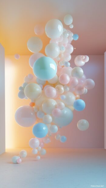 A 3D rendering of cute, floating bubbles with soft pastel colors, gently arranged in a minimalist space,.